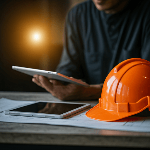 Professionelle Baustelle mit Schutzhelm und digitaler Gefährdungsbeurteilung
